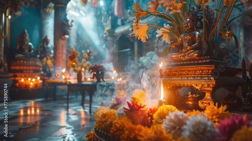 Cultural Ceremony  A temple adorned for a spiritual ceremony with vibrant offerings.