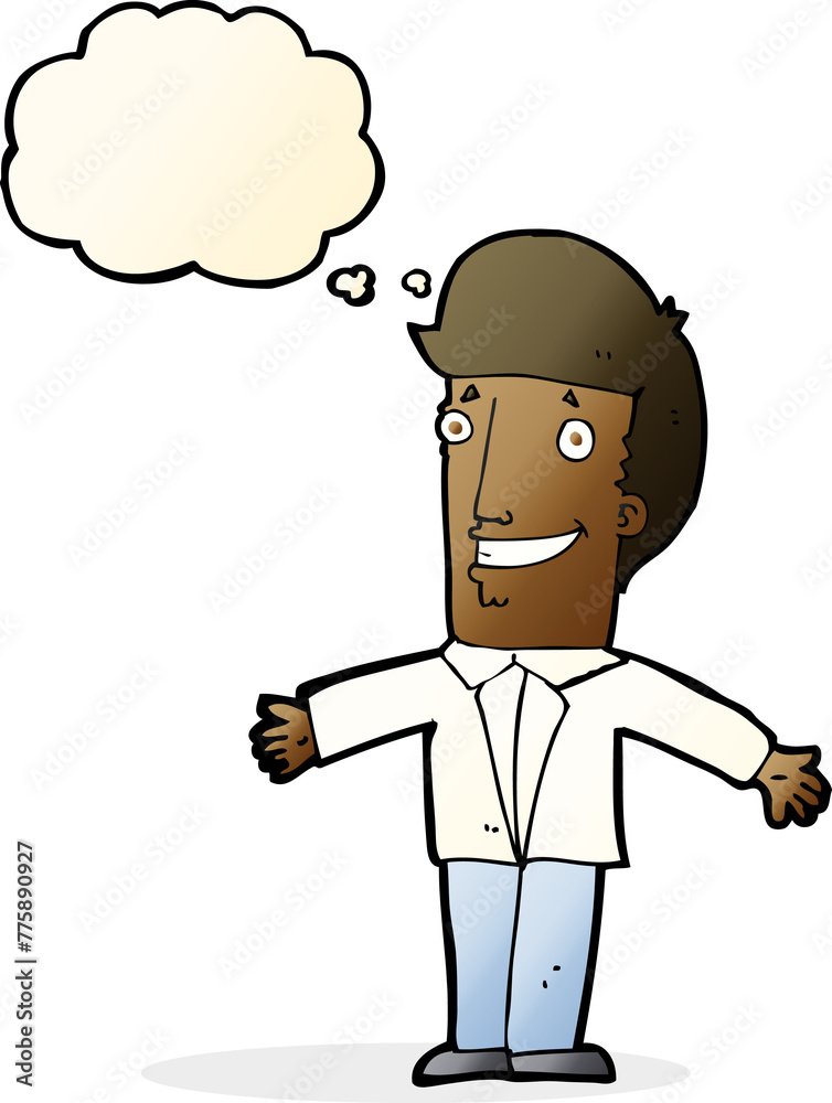cartoon grining man with open arms with thought bubble