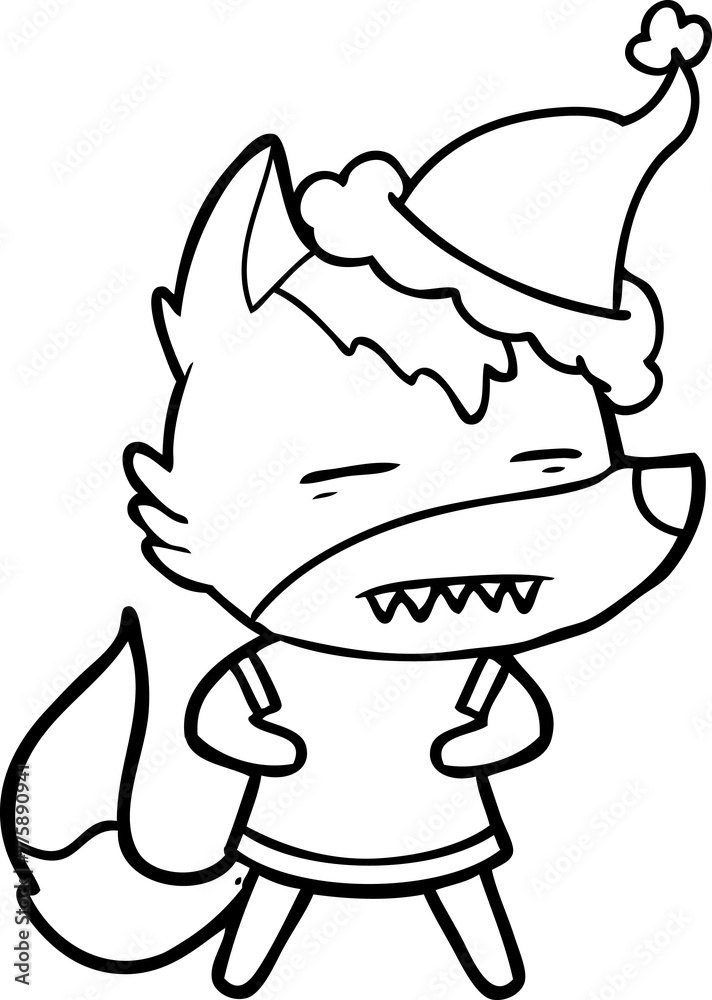 hand drawn line drawing of a wolf showing teeth wearing santa hat hand drawn line drawing of a wolf showing teeth wearing santa hat