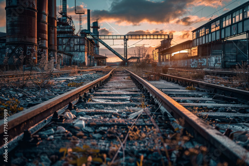 Deserted railway tracks in a rundown area - Sun sets on overgrown railway tracks with an industrial plant in the distance, highlighting abandonment