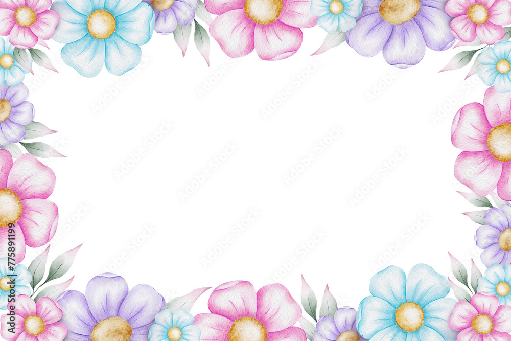 Square frame of purple pink, blue flowers with leaves. Isolated hand drawn watercolor wreath for invitation, wedding, greeting cards, baby shower, Valentine's day Square frame of purple pink, blue flowers with leaves. Isolated hand drawn watercolor wreath for invitation, wedding, greeting cards, baby shower, Valentine's day