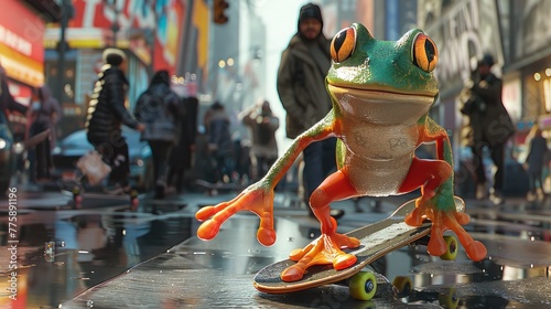 A  cartoon frog skateboarding down a busy city street, with a mischievous grin on its face as it passes surprised onlookers.