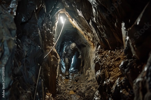 Miners Working Underground in a Narrow Tunnel, Using Handheld Tools to Extract Ore From The Rock Face, Generative AI