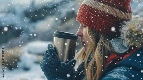 A bundled-up person takes comfort in holding a hot drink amidst a snowy landscape, evoking a sense of warmth against the cold