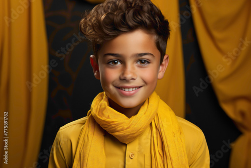 A portrait of a stylish Muslim boy in Shalwar Kameez with a vibrant yellow backdrop. photo