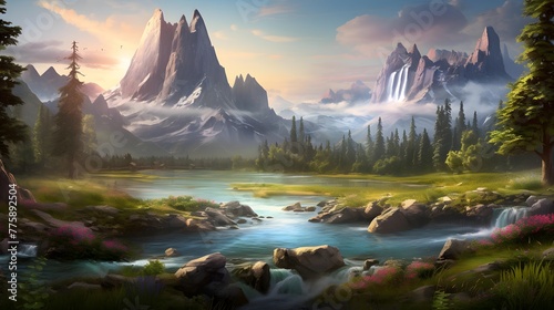 Panoramic view of a mountain river in the forest. Digital painting.