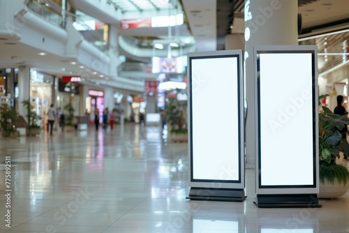 Digital screen panel stands inside a shopping center. Two rollup mockup poster stands.