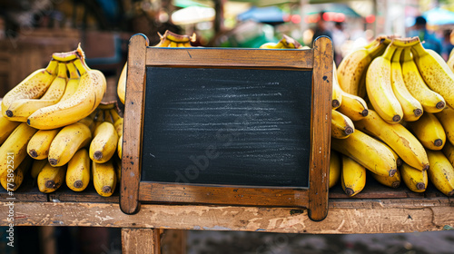 Counter on farmer's market with fresh organic banans, empty chalk board for inscription. Copy space. Generative AI photo