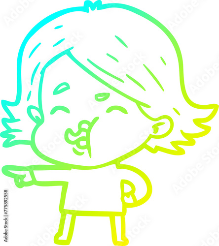 cold gradient line drawing of a cartoon girl pulling face