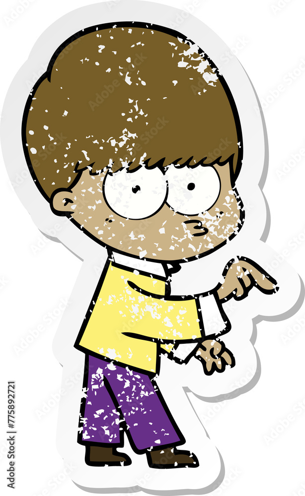 distressed sticker of a nervous cartoon boy distressed sticker of a nervous cartoon boy