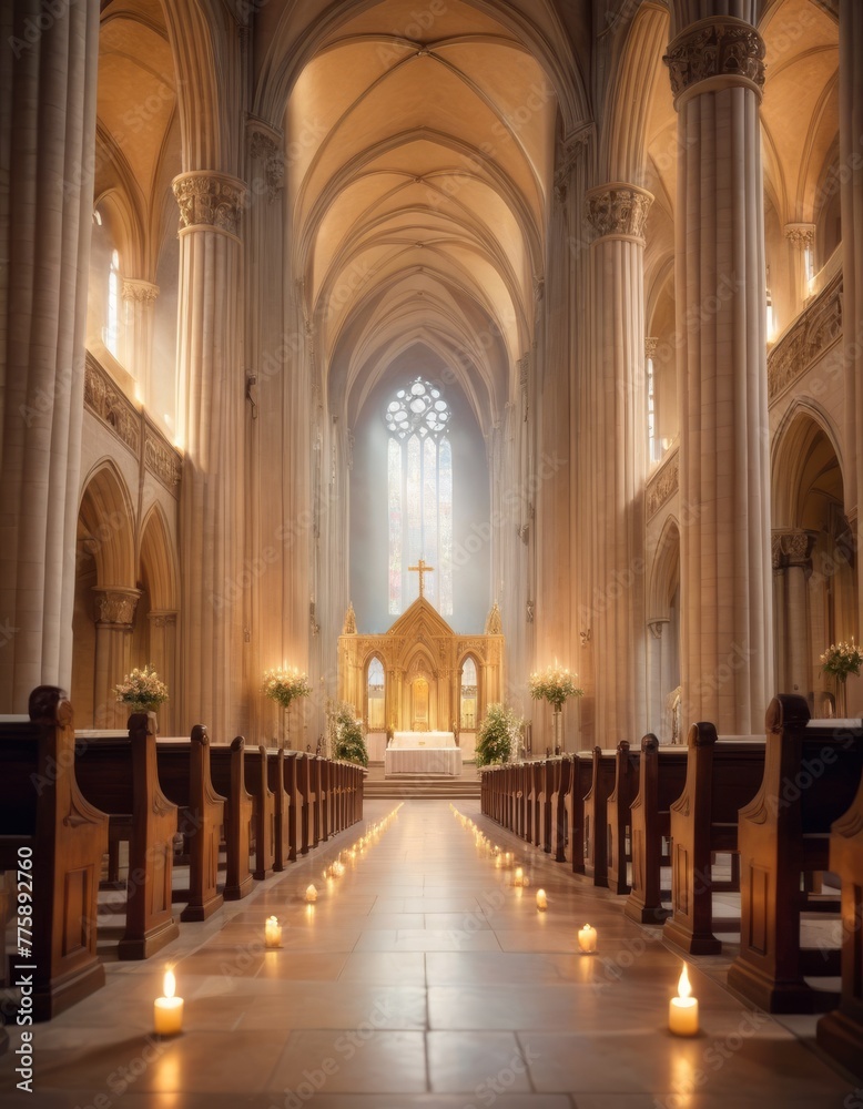 The warm glow of candles illuminates the aisle of a peaceful church, leading to an altar bathed in the soft light filtering through stained glass windows.