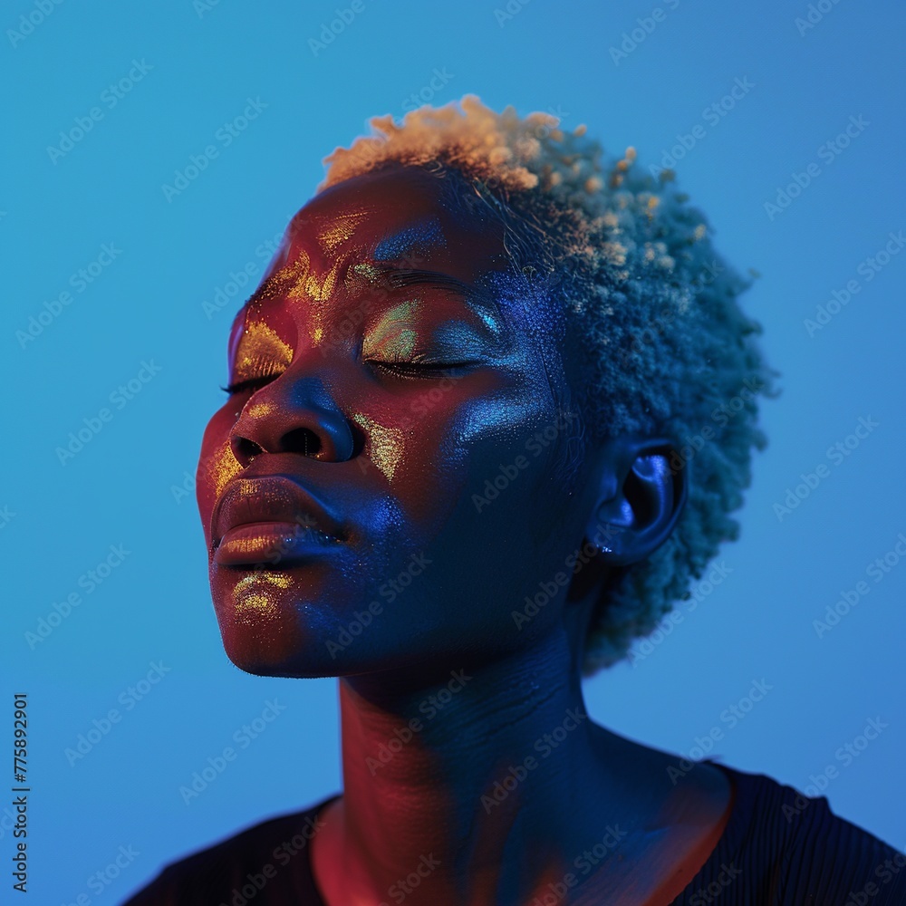 An emotive skincare portrait captures a tearful moment of a young African model aged 20, with blonde hair set against a soft green gradient backdrop An emotive skincare portrait captures a tearful moment of a young African model aged 20, with blonde hair set against a soft green gradient backdrop