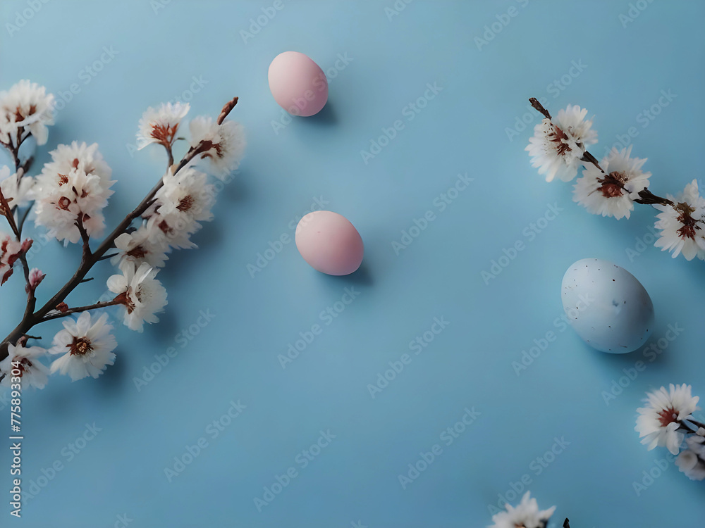 Colorful small easter eggs with flower branches on light blue background with copy space - Easter card background - spring design element very beautiful colorful background generative ai