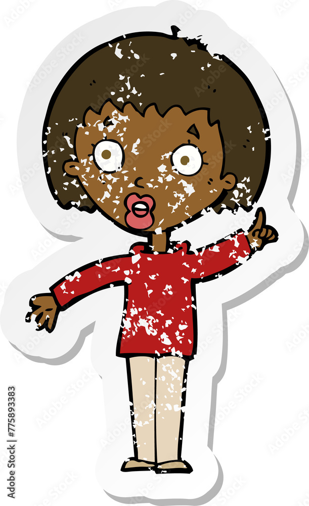 retro distressed sticker of a cartoon woman explaining her point retro distressed sticker of a cartoon woman explaining her point