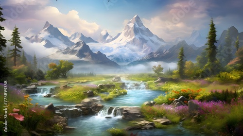 Panoramic view of beautiful mountain landscape with river, forest and flowers