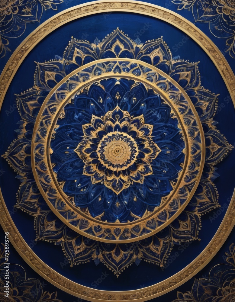 A detailed mandala with intricate blue patterns and golden accents radiating elegance and artistic craftsmanship on a dark background