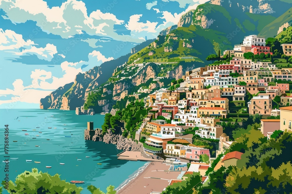 A scenic painting of a coastal town, perfect for travel brochures or website backgrounds