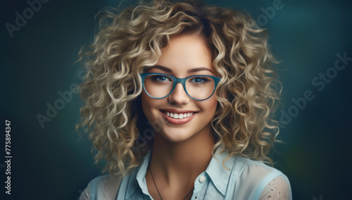 Young bright happy smiling blonde woman with curly hair and blue glasses smiling. portrait, a wonderful blonde young woman with glasses. optics, vision correction and eye imperfections. Optician. photo