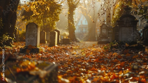 Cemetery covered in fallen leaves, suitable for seasonal designs