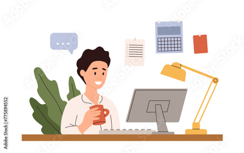 Working at home vector flat style illustration. Online career. Home office illustration. Young man freelancer working on laptop or computer at home. Business man at home in quarantine