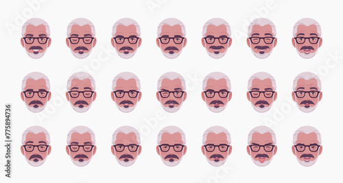 Retired old active senior man, male emotion set, elderly person, grey hair grandfather bundle portrait. Cute face icons, positive, negative facial expression feature pic. Vector illustration circles © andrew_rybalko