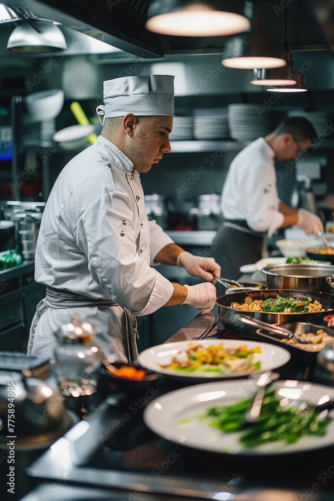 A man in a chef's hat cooking in a kitchen. Suitable for culinary concepts