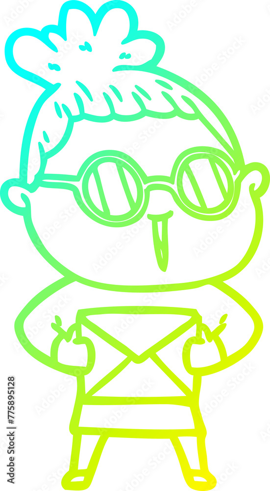 cold gradient line drawing of a cartoon woman wearing spectacles