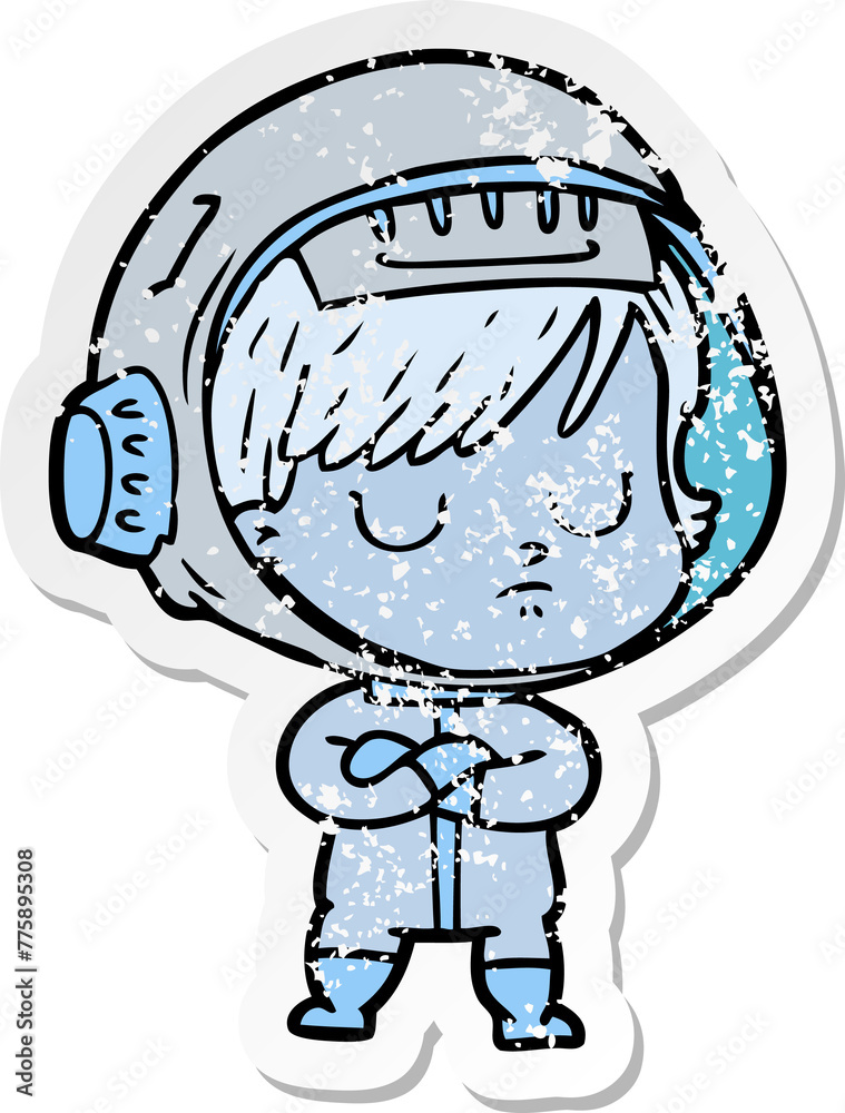 distressed sticker of a cartoon astronaut woman distressed sticker of a cartoon astronaut woman
