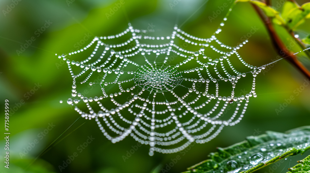 Raindrops cling to a spider's delicate web, transforming it into a glistening masterpiece, emphasizing the intricate connection between nature's elements and its inhabitants