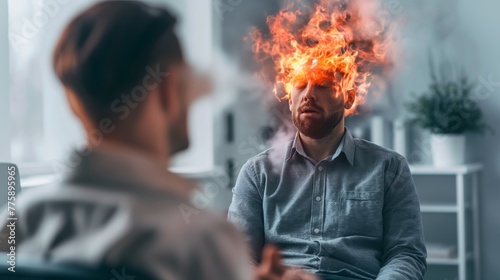 Man with mental health problems and burning head concept