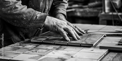 A person working on laying tiles, suitable for construction projects © Fotograf