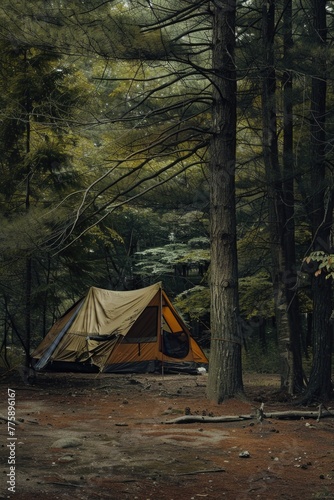 A tent is pitched up in the woods. Great for outdoor and camping themes