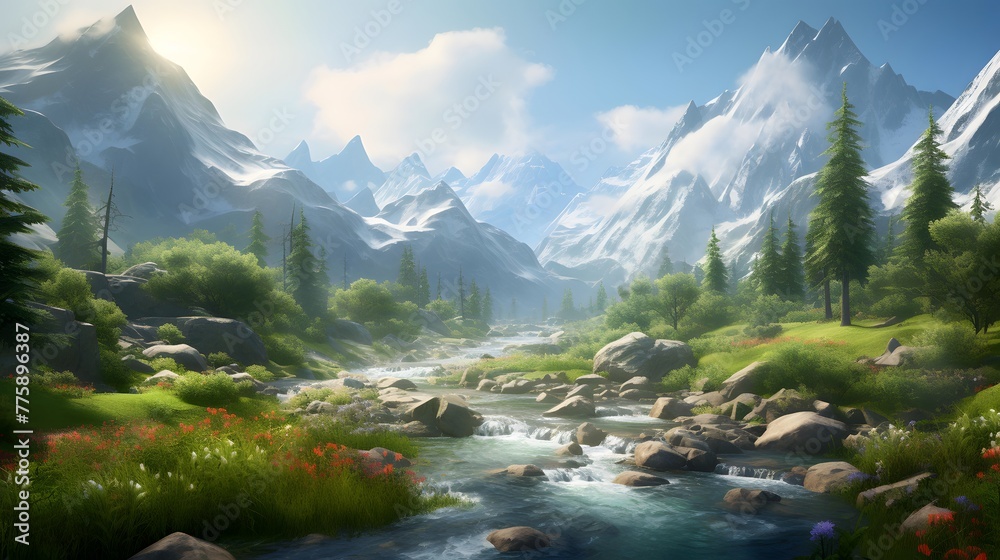 Panoramic view of the mountains and the river. Panoramic landscape.