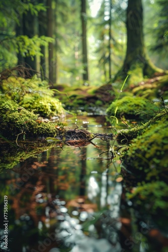 A peaceful stream flowing through a vibrant green forest. Suitable for nature and outdoor themes