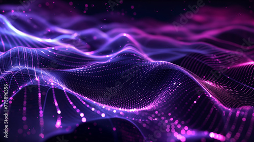 The image showcases a digital landscape of glowing neon light particles forming dynamic wave patterns with a cosmic space vibe