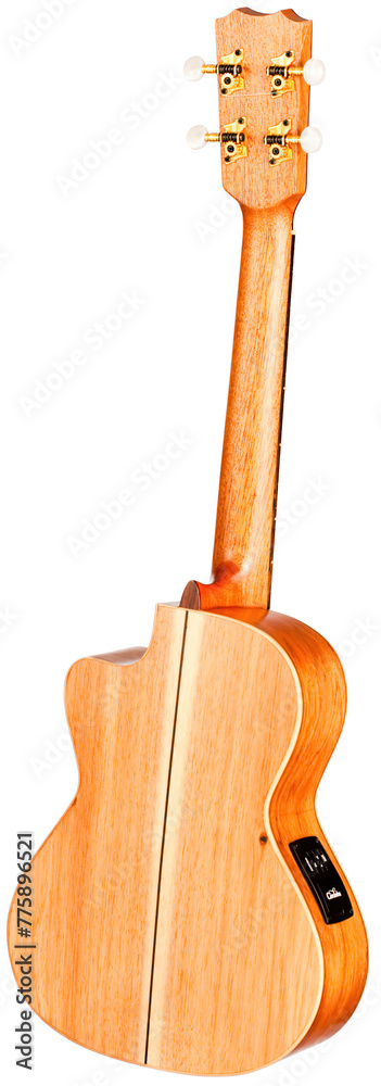 Naklejka premium A closeup of the back of an acoustic guitar, showcasing the wood grain, tuning keys, and a small control panel. The guitar is isolated against a white background.