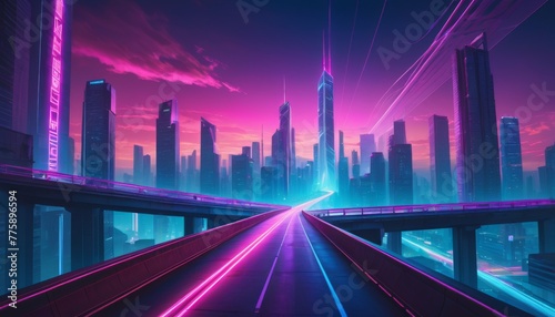 Vibrant neon lights outline a modern cityscape at dusk, with a magenta sky casting a glow over sleek skyscrapers and a speeding highway.