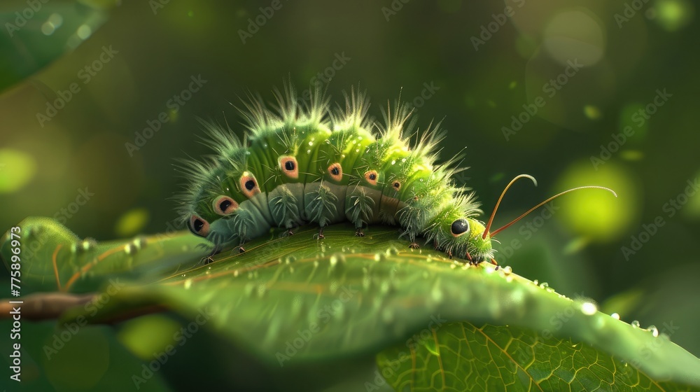 a caterpillar as it munches on a vibrant green leaf, its tiny legs and fuzzy body creating a scene of playful curiosity. a caterpillar as it munches on a vibrant green leaf, its tiny legs and fuzzy body creating a scene of playful curiosity.