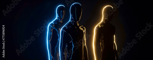 Digital silhouettes of people. Artificial intelligence. Abstract background for technology and computing. Space for text.