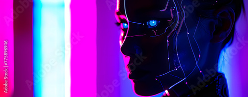 Artificial intelligence. Humanoid woman face. Abstract background for technology and computing.