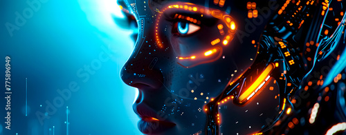 Artificial intelligence. Humanoid woman face. Abstract background for technology and computing.