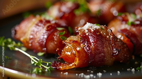 Close-Up View of Bacon-Wrapped Dates Garnished with Fresh Herbs and Sea Salt on a Dark Plate