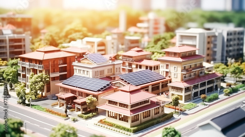 Miniature model residential, townhouse, downtown buildings install solar panels cells on the roof. Renewable solar wind power concept