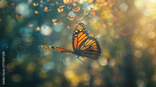 a butterfly mid-flight, its wings a blur of color against a backdrop of dappled sunlight filtering through the forest canopy.