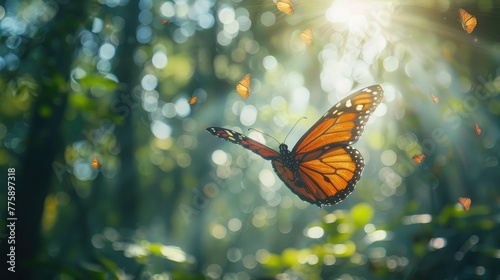 a butterfly mid-flight, its wings a blur of color against a backdrop of dappled sunlight filtering through the forest canopy.