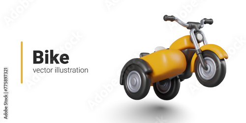 Tricycle with sidecar. Vintage wheeled vehicle in motion. Retro motorcycle