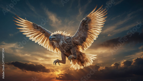 A hauntingly ethereal retrograde phantasmal griffin soars through the sky, its translucent form a mix of faded golds and silvers, with wisps of shimmering shadow trailing behind. © xKas
