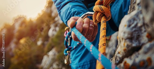 The climber snaps the belay carabiner onto the rope. generative ai