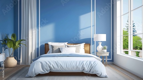 Vintage master bedroom with blue wall and white table lamp photo