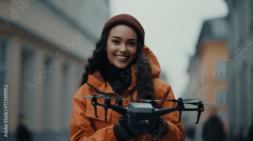 Smiling woman presents drone on city stree portrait image. Female brunette in beanie and orange jacket photography. Quadcopter closeup picture. Technology concept photo realistic photo